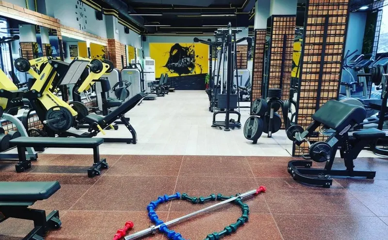 Gym floor with yellow Technogym machines, benches and plate racks